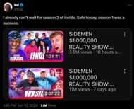KSI writes about a possible season 2 (Image via X)